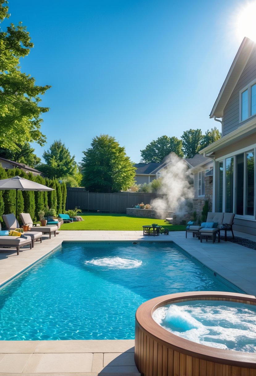 A backyard showing a clear swimming pool on one side and a bubbling jacuzzi on the other, surrounded by seating and greenery.