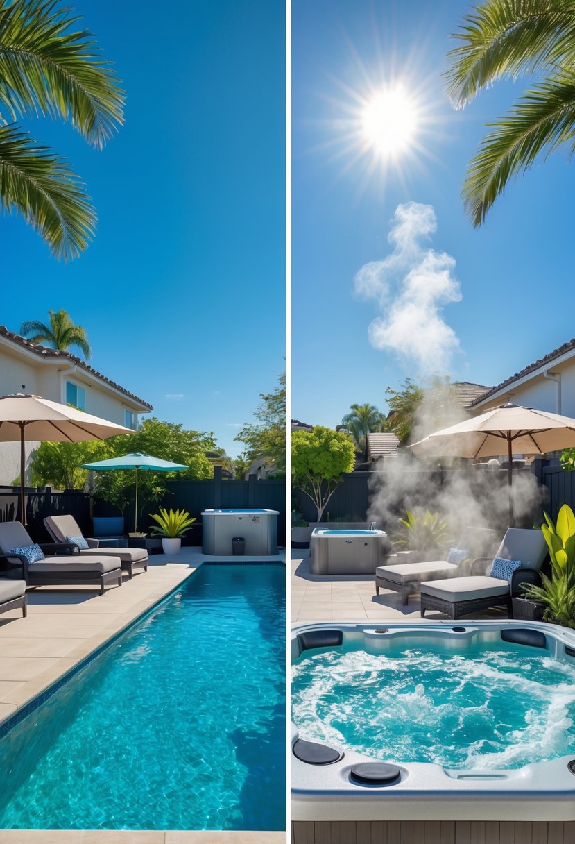 A backyard showing a clear blue swimming pool with lounge chairs on one side and a bubbling jacuzzi with seating and plants on the other side.