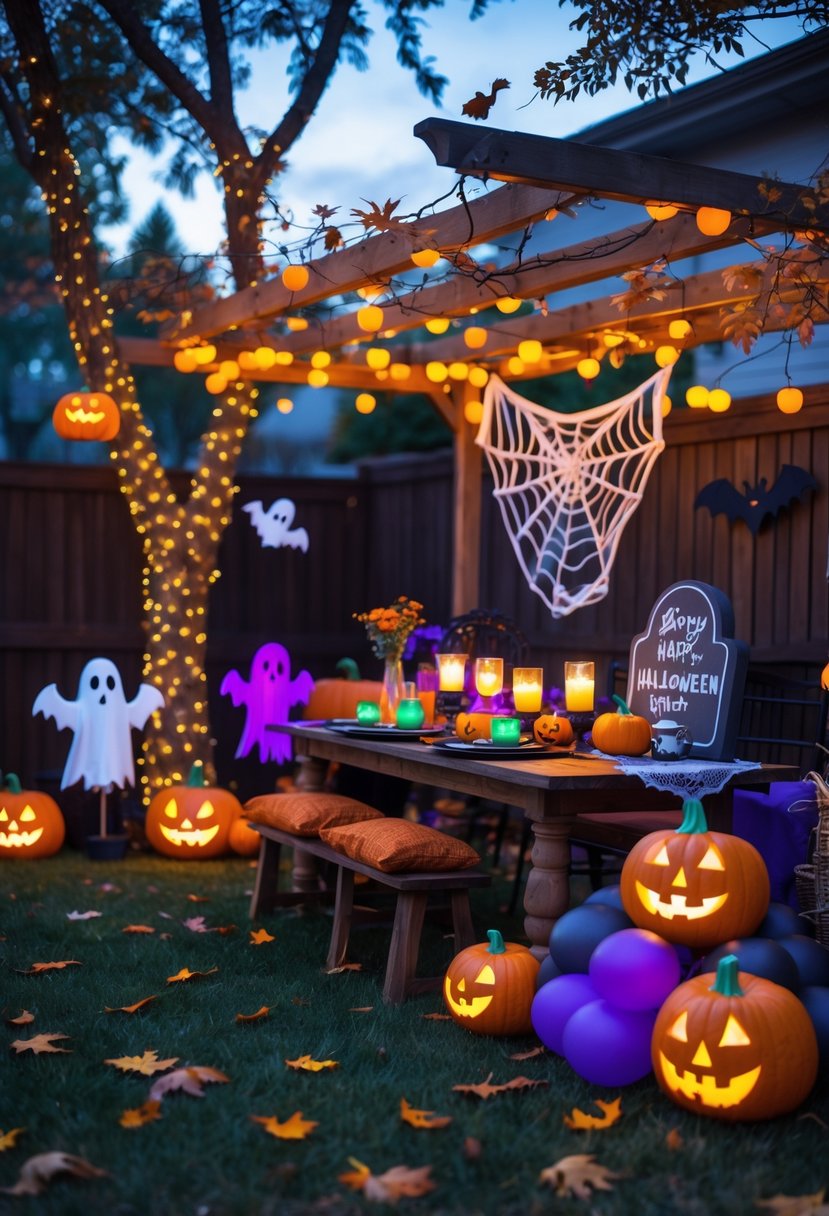 A backyard decorated with pumpkins, fairy lights, hanging ghosts and bats, cobwebs, lanterns, and Halloween-themed decorations for a party.