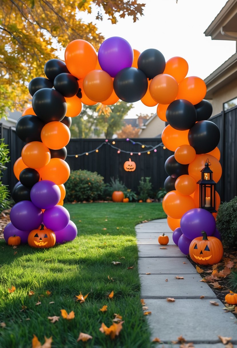 A backyard decorated with a Halloween balloon arch made of orange, black, and purple balloons surrounded by autumn leaves and small pumpkins.