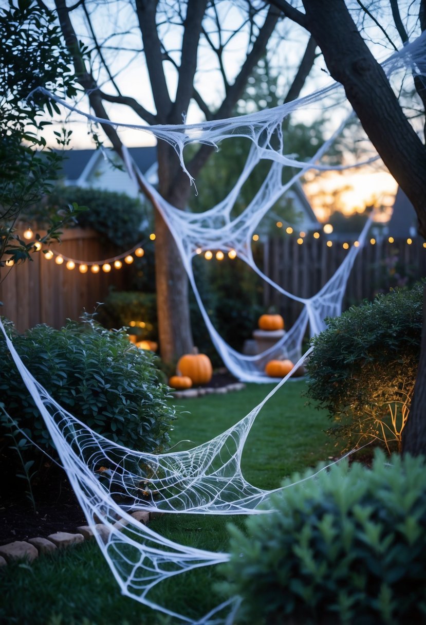 Backyard with trees and bushes covered in fake cobwebs for Halloween decorations during dusk.