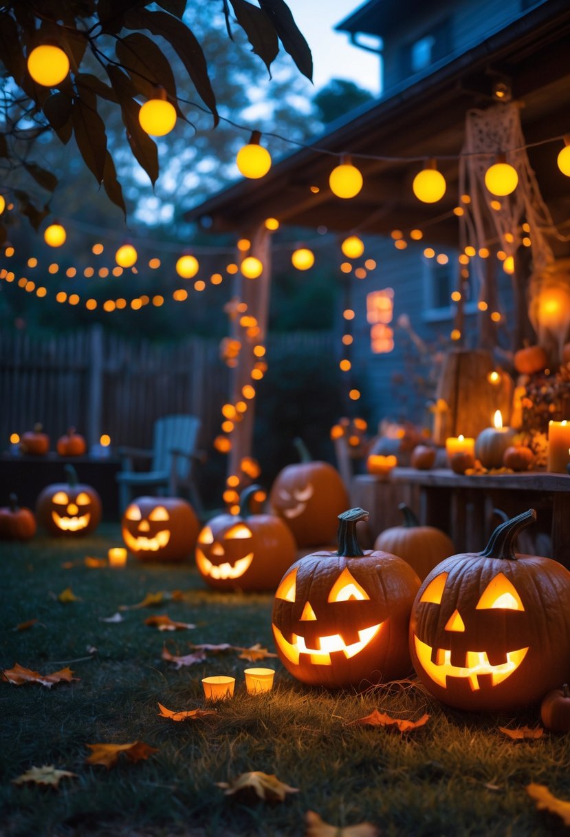 A backyard decorated with several glowing carved jack-o'-lanterns and Halloween decorations during an outdoor party.