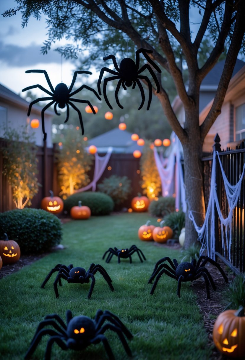 Backyard decorated with large spider props, pumpkins, cobwebs, and lanterns for a Halloween party.