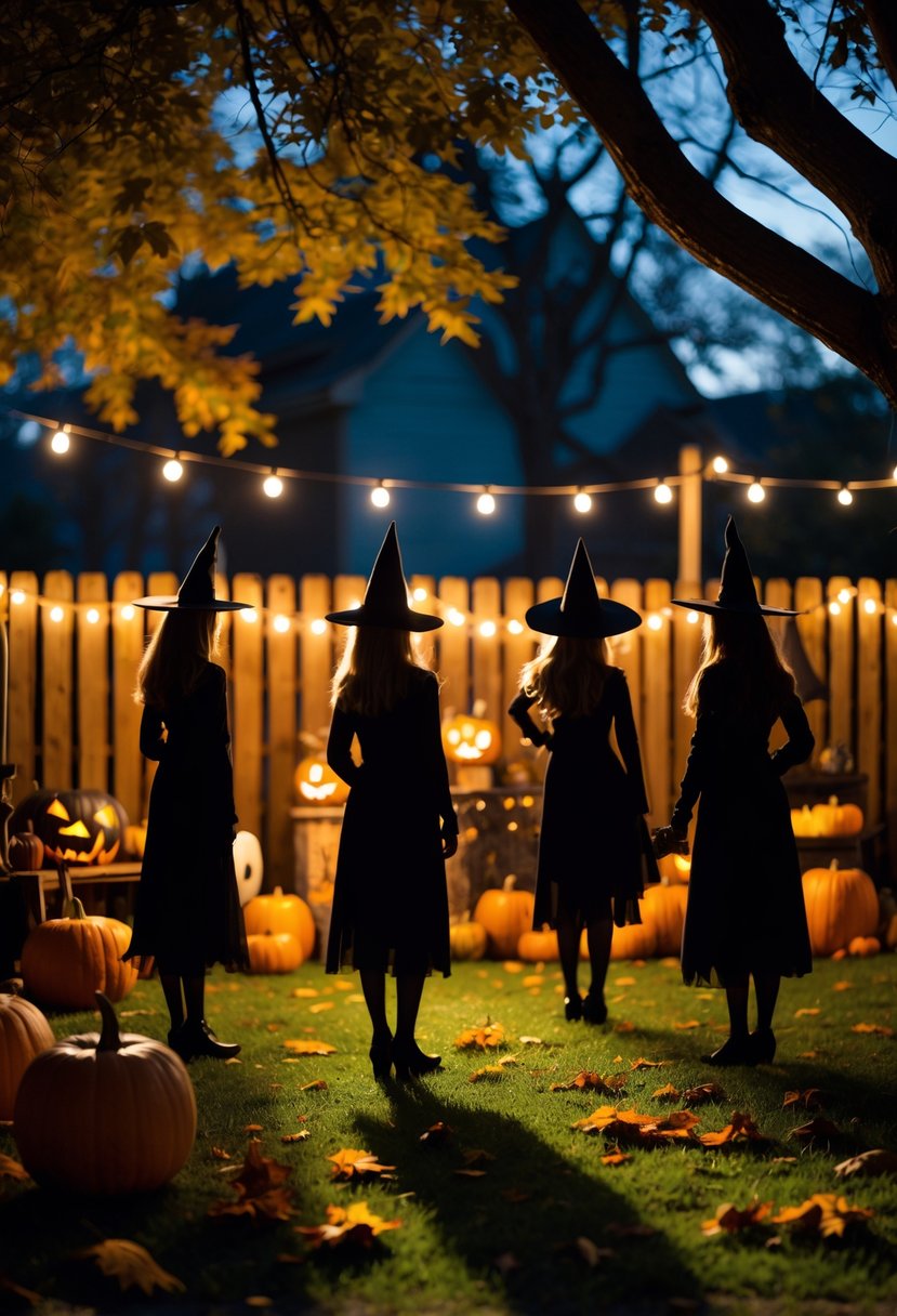 Silhouettes of witches lit by spotlights in a backyard decorated for a Halloween party with pumpkins and string lights.