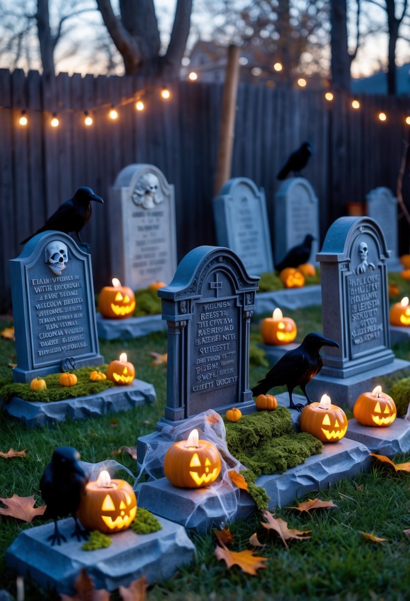 A backyard graveyard scene with multiple decorated tombstones, Halloween props, pumpkins, and autumn leaves.
