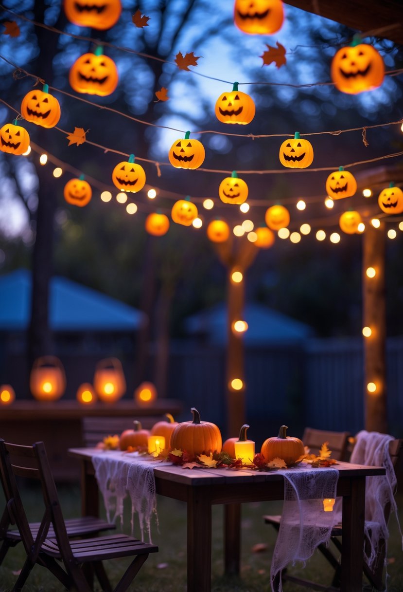 Backyard decorated with glowing pumpkin and ghost-shaped string lights over a table set for a Halloween party.