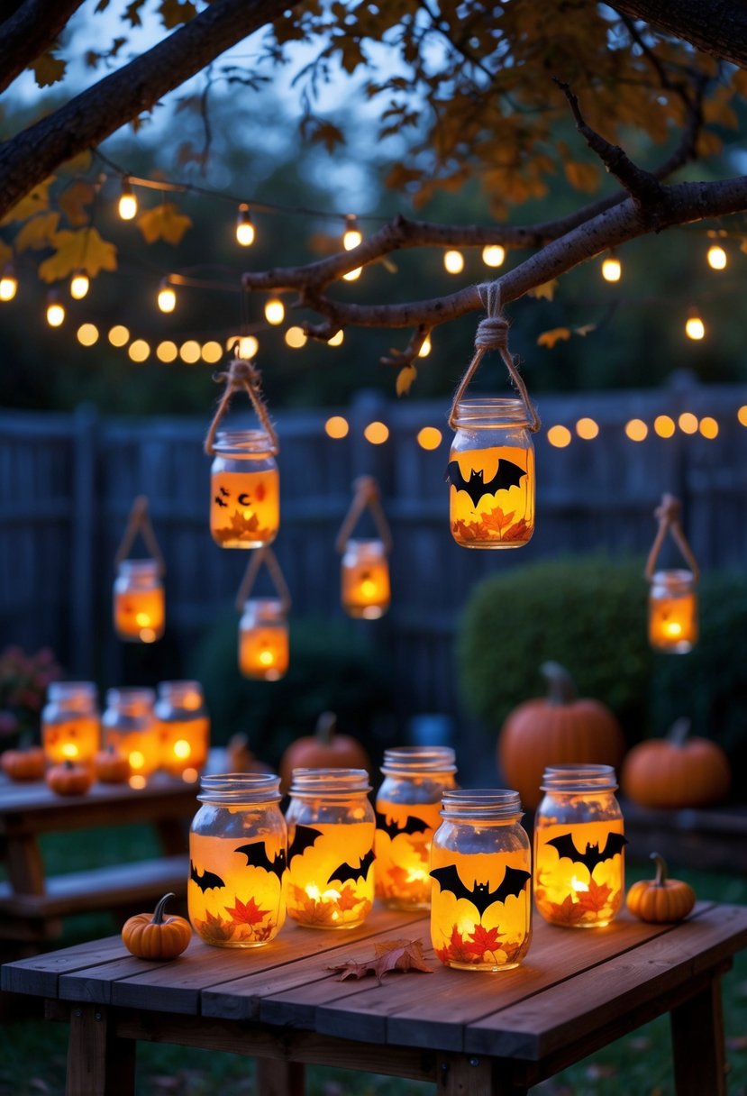A backyard at dusk decorated with glowing jar lanterns containing LED tea lights, pumpkins, and hanging lights for a Halloween party.