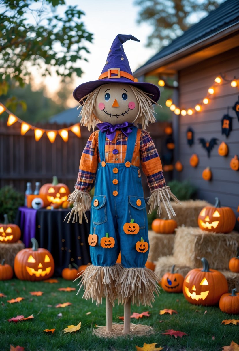 A scarecrow dressed in a Halloween costume stands in a backyard decorated with pumpkins, string lights, cobwebs, and other Halloween decorations for a party.