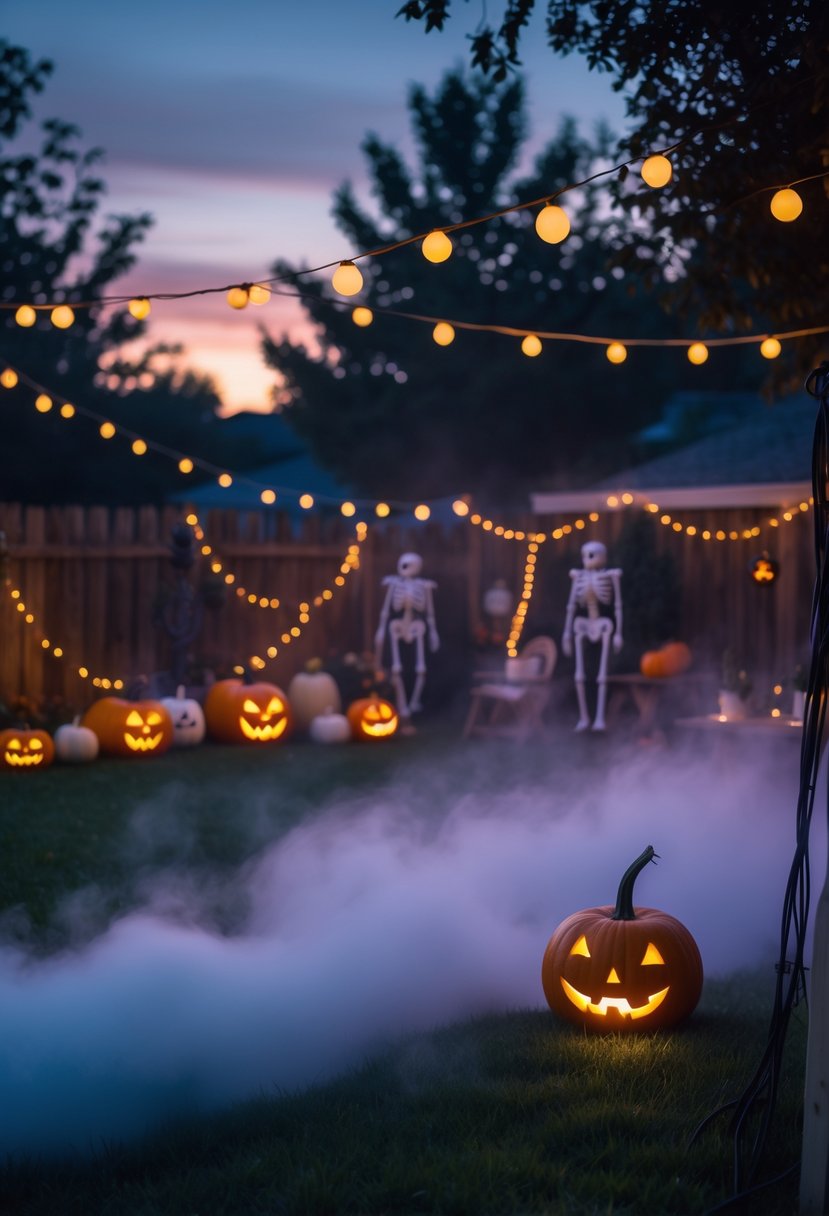 Backyard decorated for a Halloween party with glowing pumpkins, skeletons, spider webs, and low ground fog spreading from a fog machine.