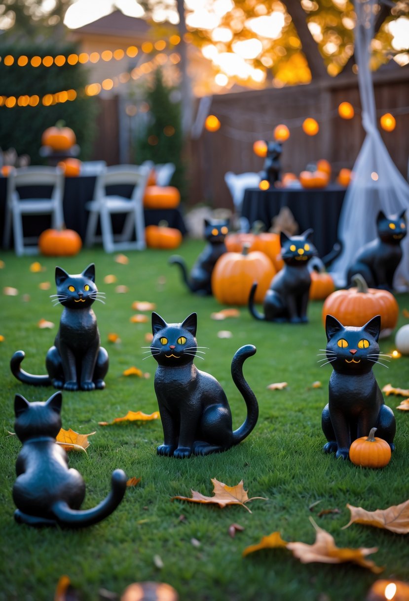 Backyard decorated with black cat lawn ornaments and Halloween decorations including pumpkins and string lights.