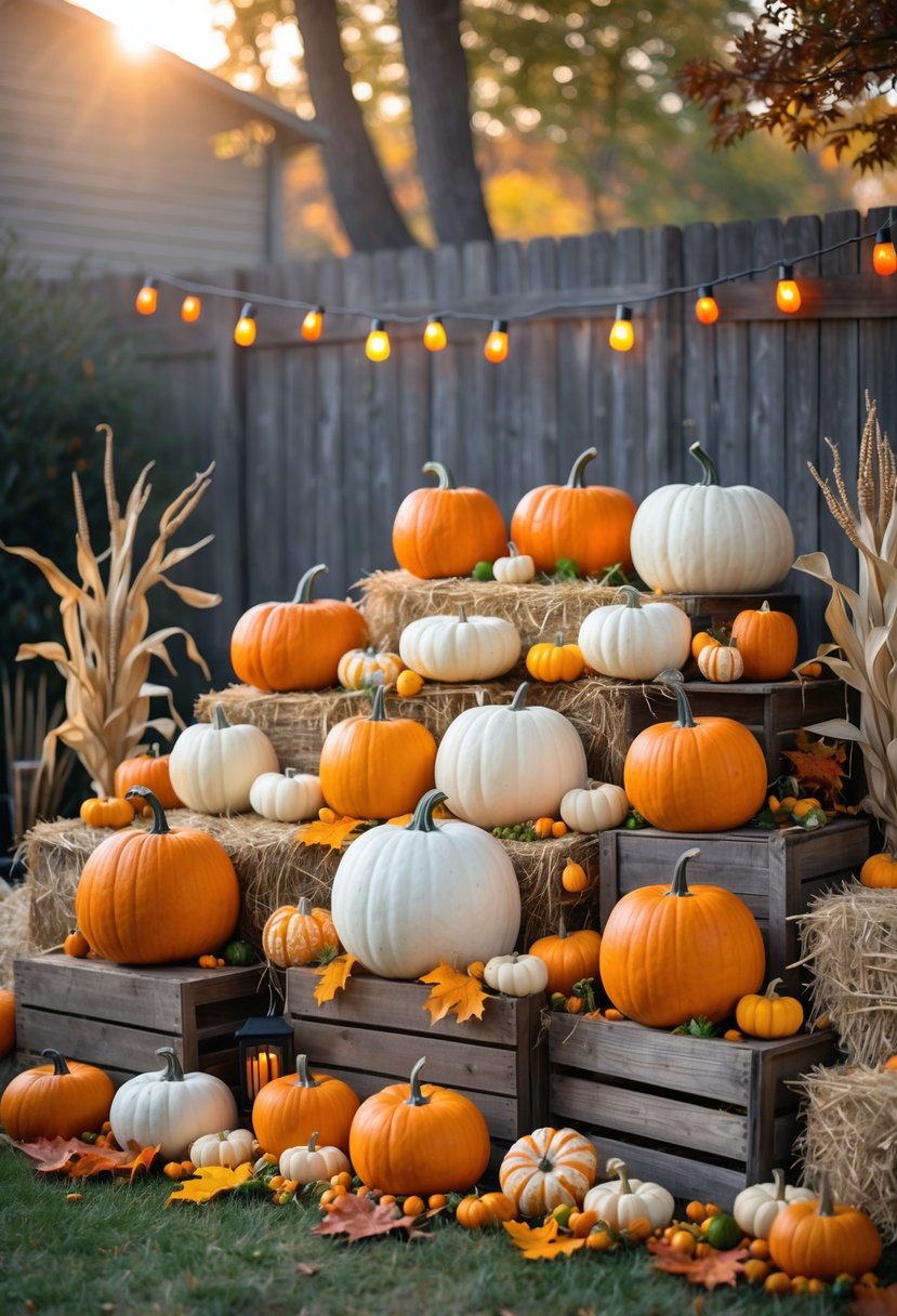 A backyard pumpkin patch display with pumpkins of different sizes and colors arranged among hay bales, autumn leaves, and fall decorations.