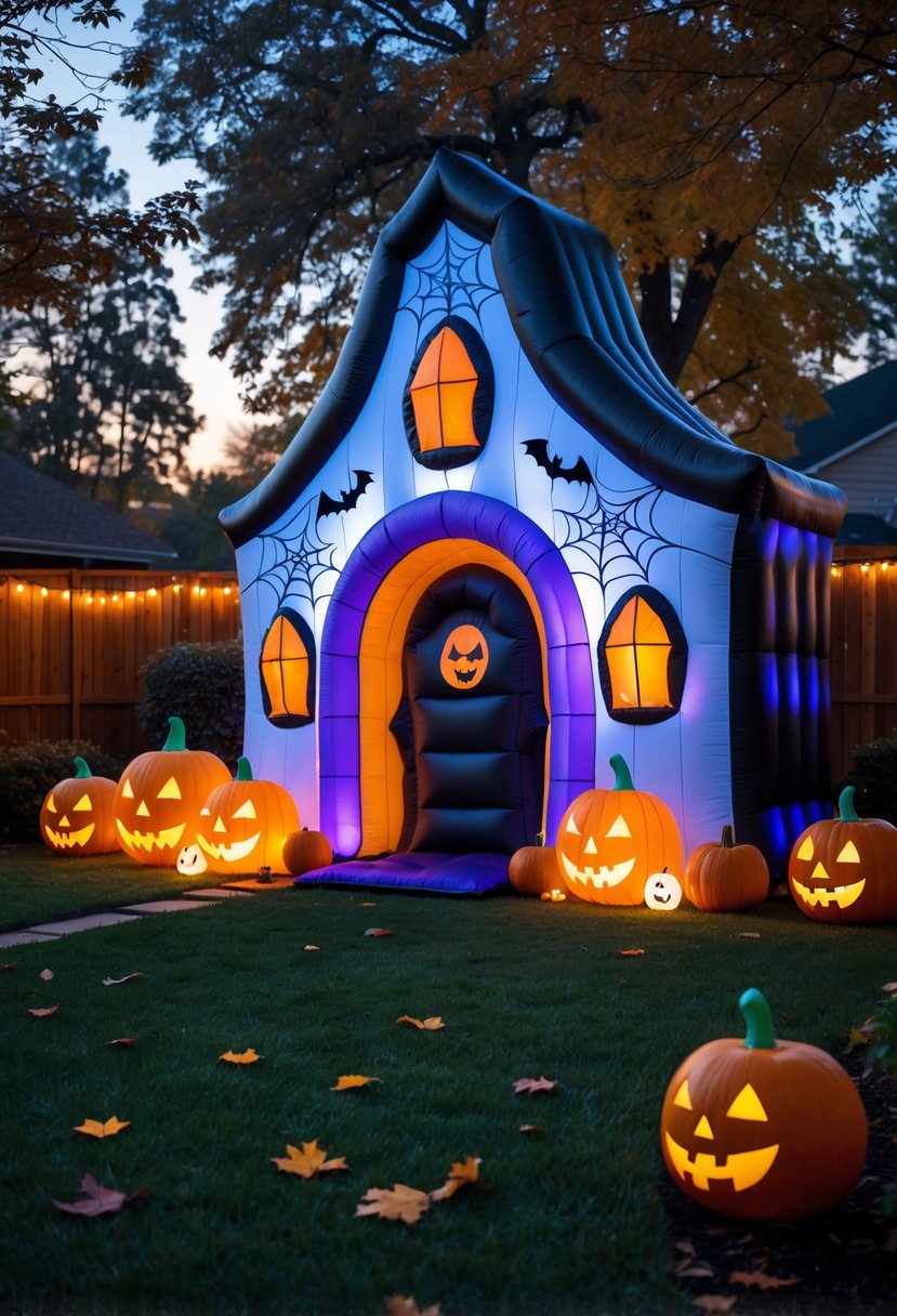 Backyard decorated with a large inflatable haunted house entrance surrounded by Halloween decorations including pumpkins and string lights.