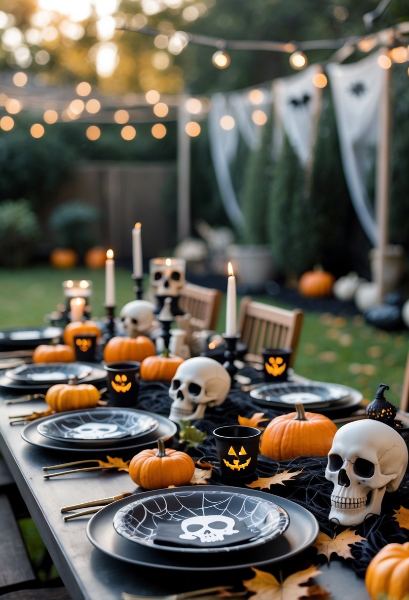 Outdoor table set with skull and bone dishware and Halloween decorations in a backyard.