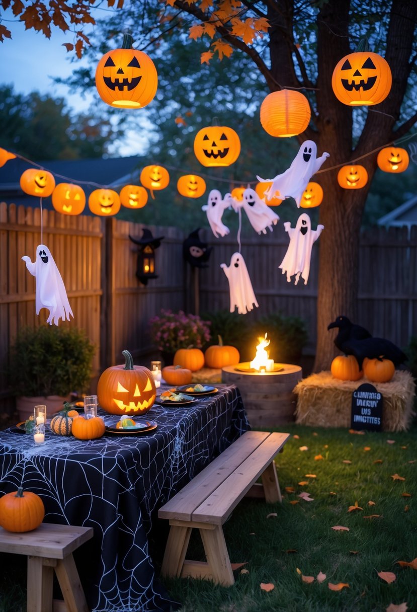 A backyard decorated with various Halloween decorations including string lights, carved pumpkins, ghost and bat ornaments, a decorated picnic table, a fire pit with seating, and Halloween-themed props scattered around.