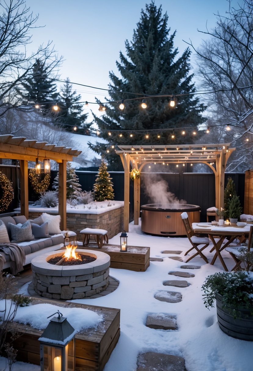 A winter backyard with a fire pit, seating, string lights, snow-covered trees, and various outdoor decorations.