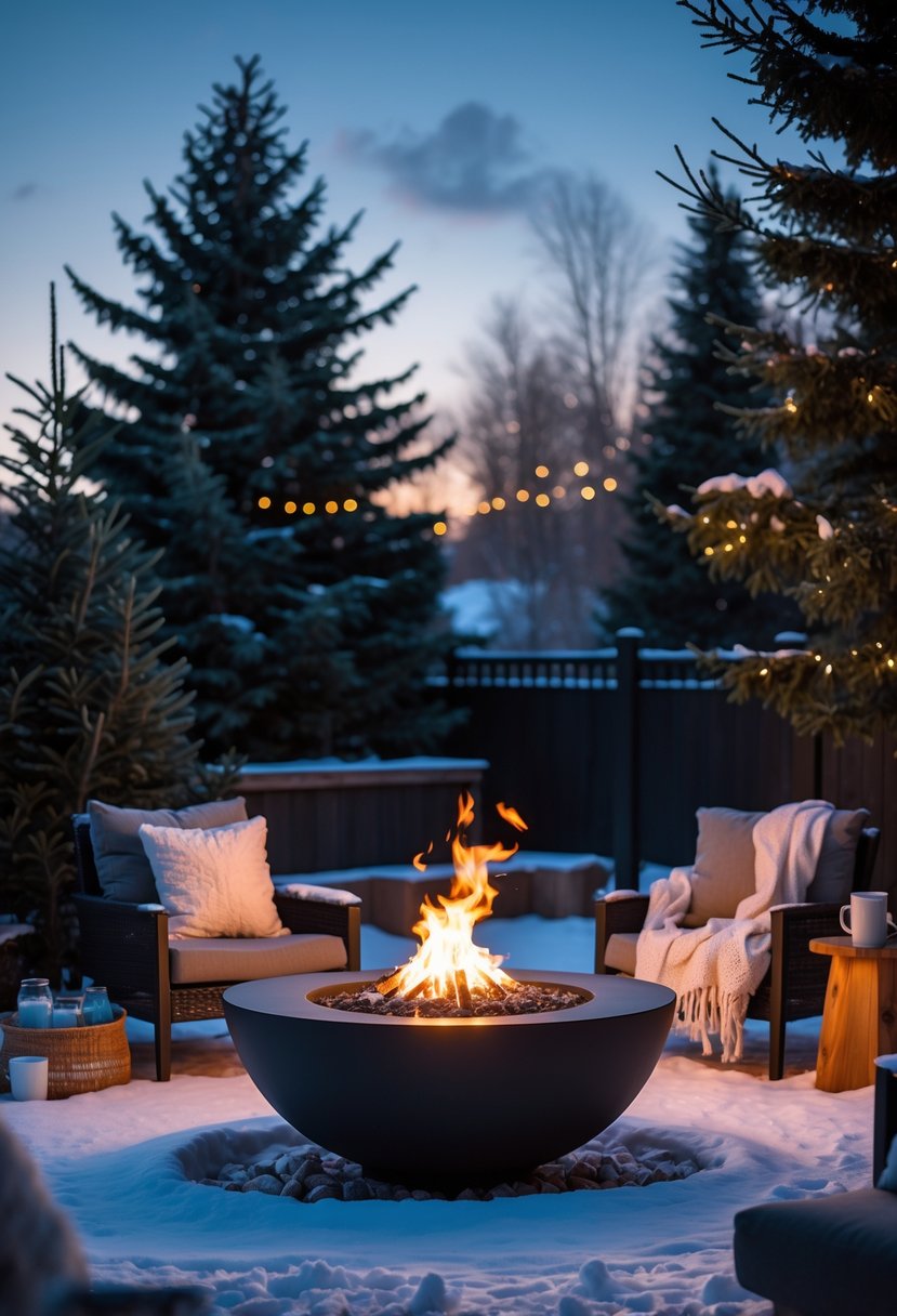 A backyard with a lit fire pit surrounded by chairs, blankets, and a snowy landscape in the evening.