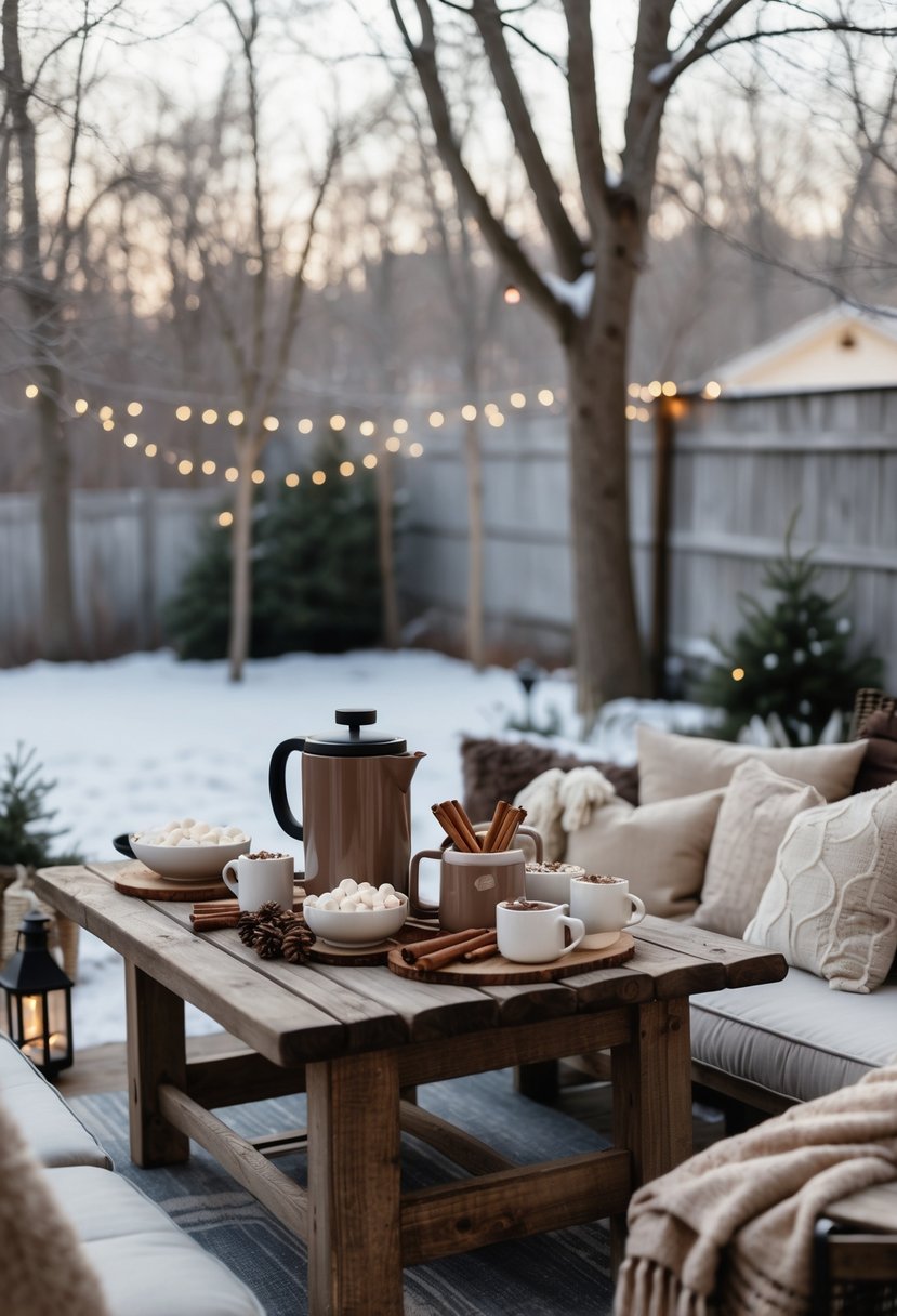A winter backyard with a hot cocoa station set up near outdoor seating areas surrounded by snow and bare trees.