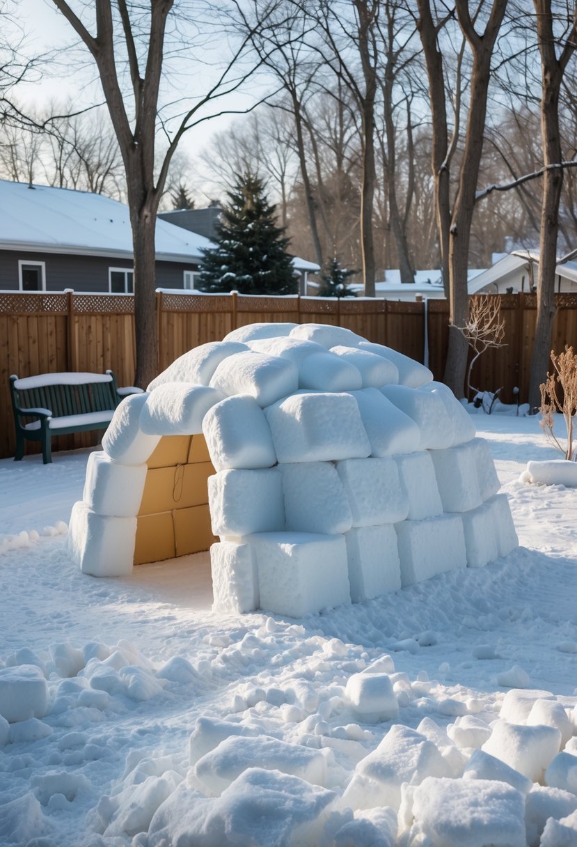 An outdoor igloo made from insulating materials in a snowy backyard surrounded by winter trees and a wooden fence.