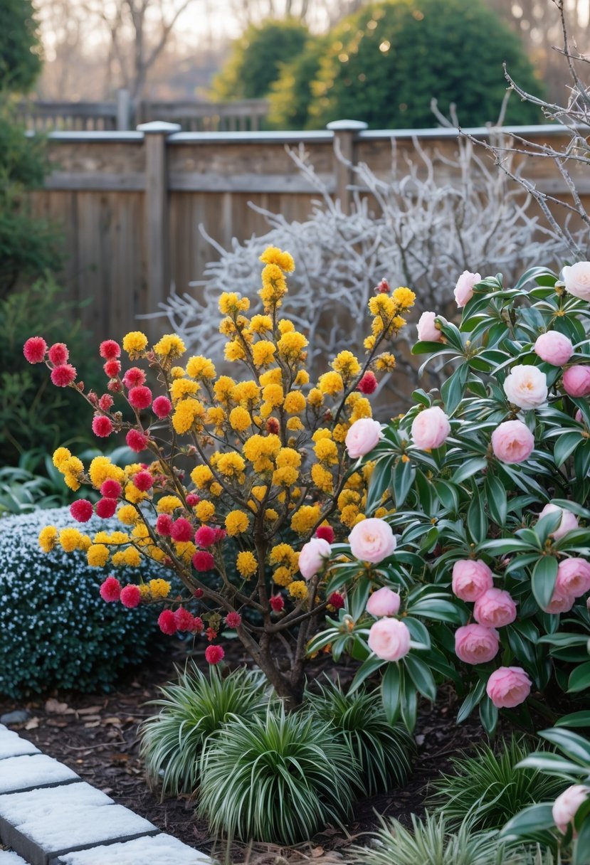A winter backyard garden with blooming witch hazel and camellia shrubs surrounded by green foliage and a wooden fence.