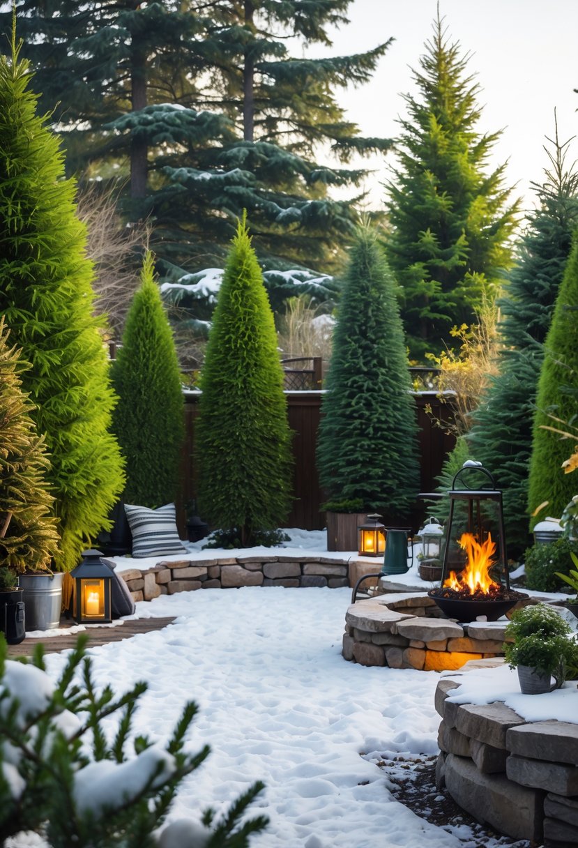 A winter backyard with snow-covered ground and tall evergreen trees surrounding cozy outdoor seating and garden features.