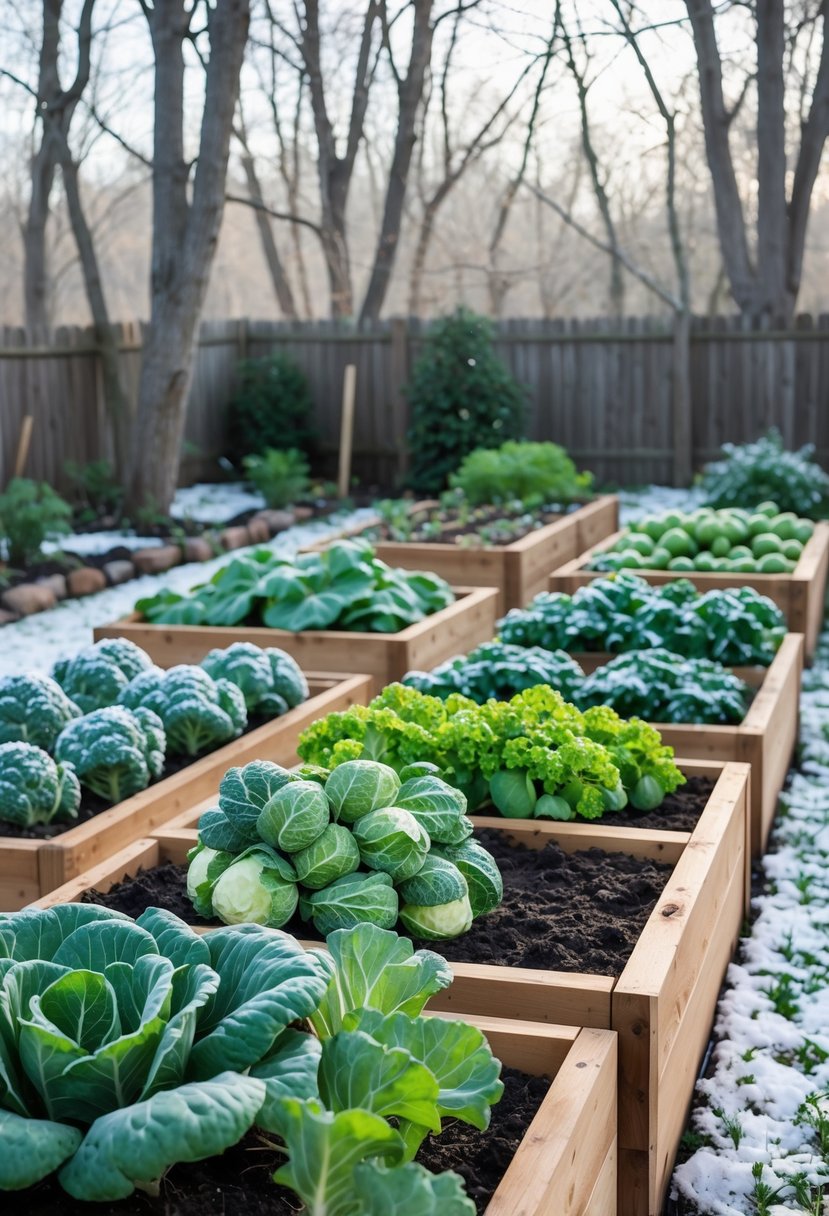 Raised garden beds in a winter backyard filled with cold-hardy vegetables and light frost on the plants and soil.