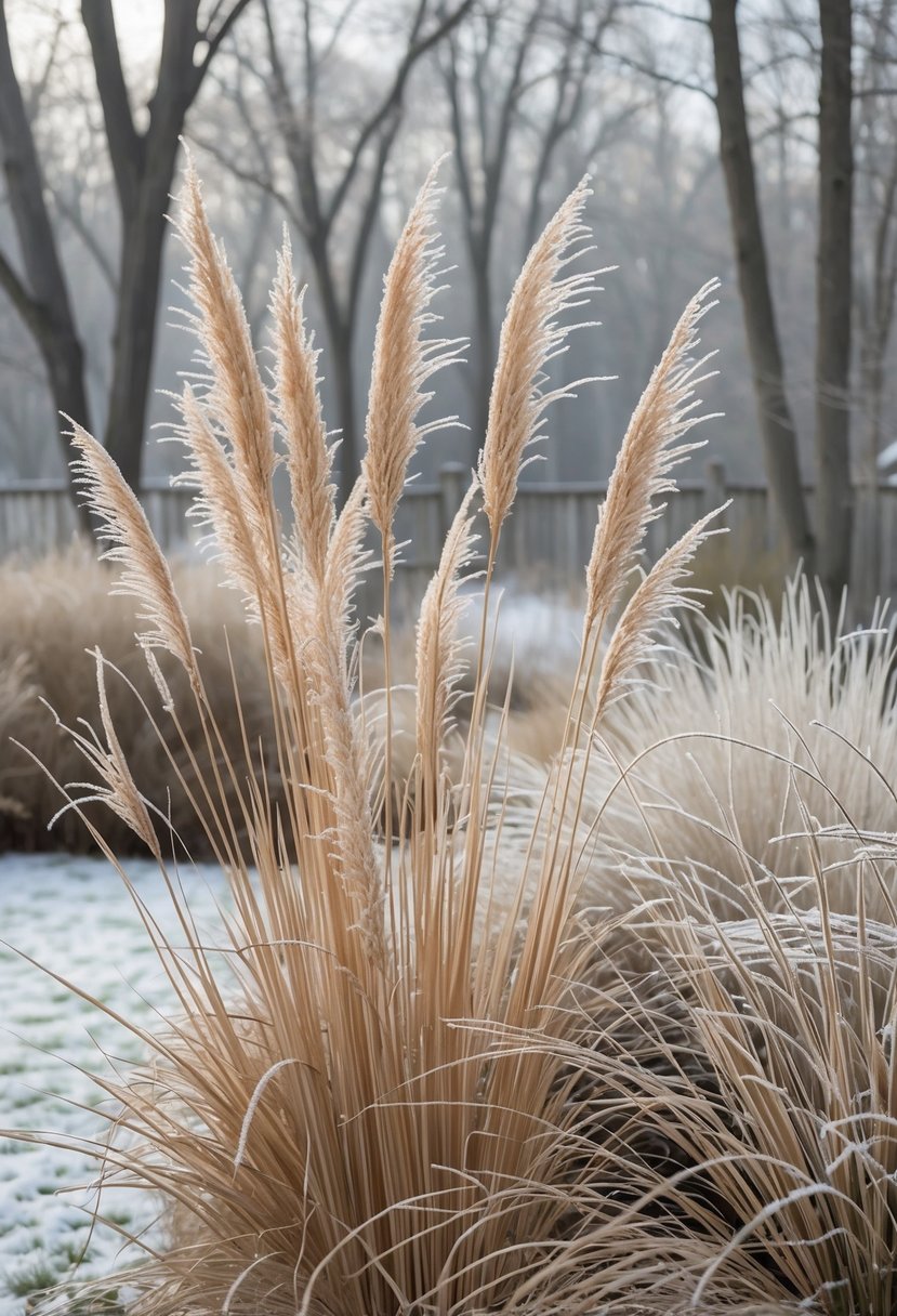 A winter backyard with frost-covered ornamental grasses and a snow-dusted ground under soft natural light.