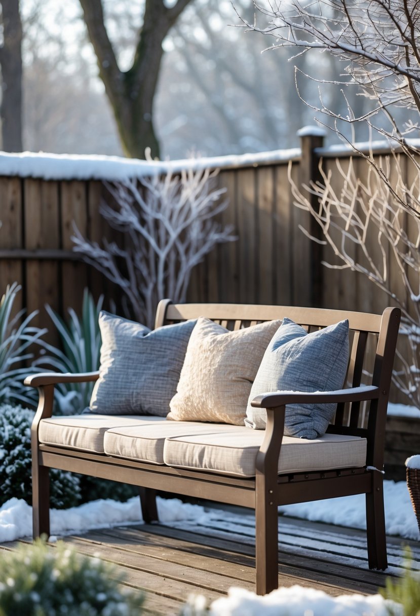 A weatherproof outdoor bench with warm cushions in a snowy backyard surrounded by winter plants.