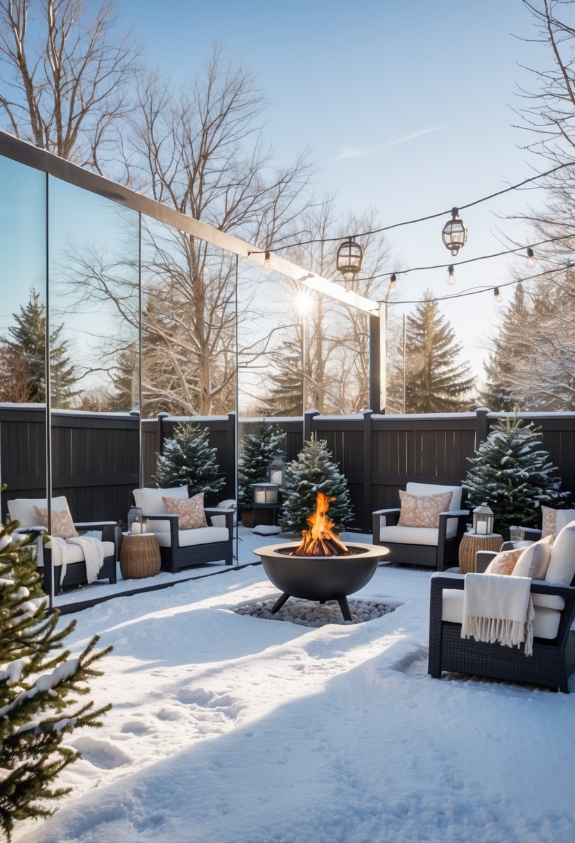 A snowy backyard with mirrors on fences reflecting sunlight, cozy chairs around a fire pit, and snow-covered trees and shrubs.