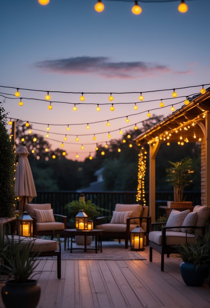 An outdoor patio at dusk with string lights glowing warmly over a cozy seating area surrounded by plants.