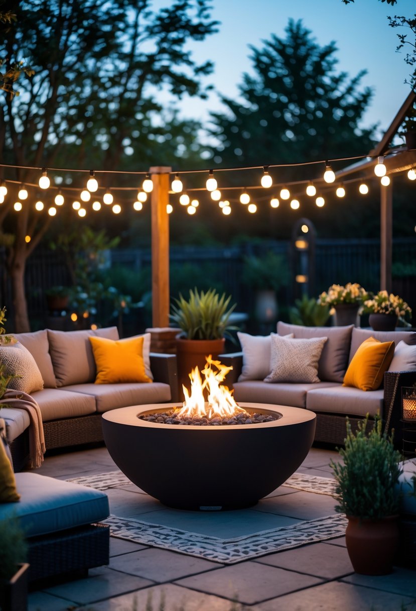 Outdoor patio with a fire pit surrounded by cushioned seating and warm lighting, set for a cozy gathering.