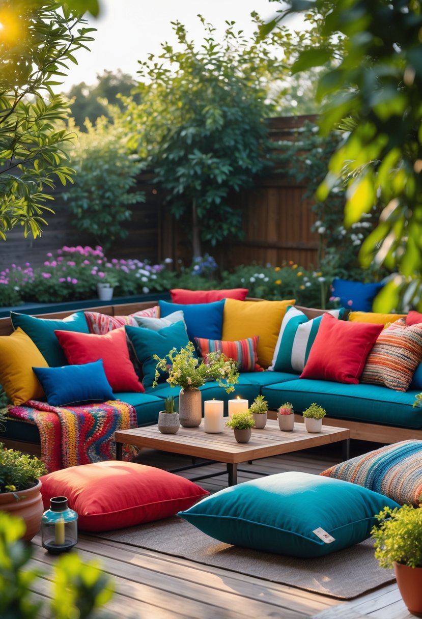 Outdoor patio with colorful cushions and throw pillows arranged on seating surrounded by plants.