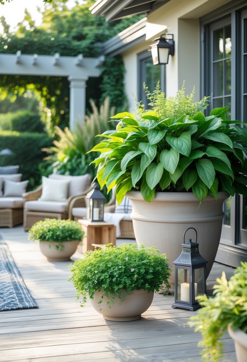 Outdoor patio with large potted plants containing green perennial plants arranged around seating area.