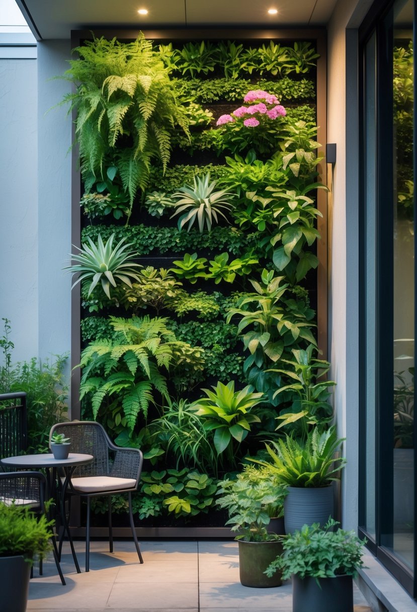 A small patio with a lush vertical garden on the wall, surrounded by outdoor furniture and potted plants.