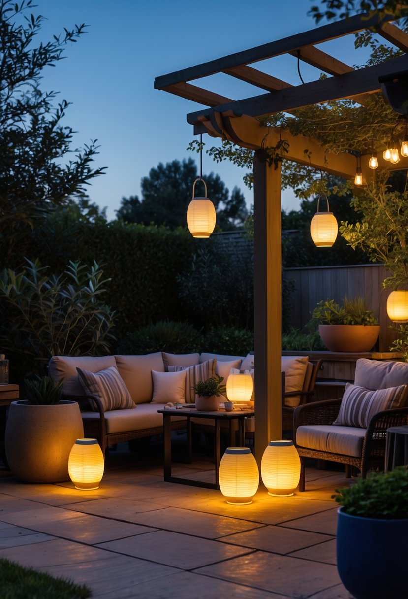 Outdoor patio at dusk with solar-powered lanterns providing warm light among plants and seating.