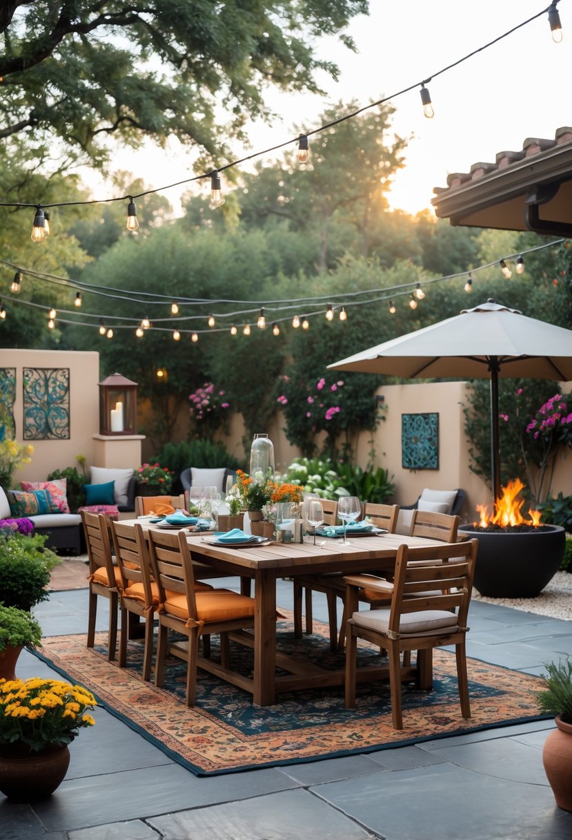 An outdoor dining area with a sturdy wooden table and chairs surrounded by various plants, decorative lights, and patio accessories.