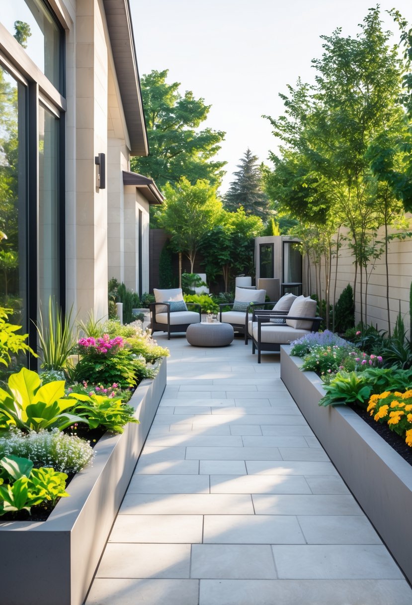 Outdoor patio with built-in planters filled with green plants and flowers along the edges, surrounded by seating and garden greenery.