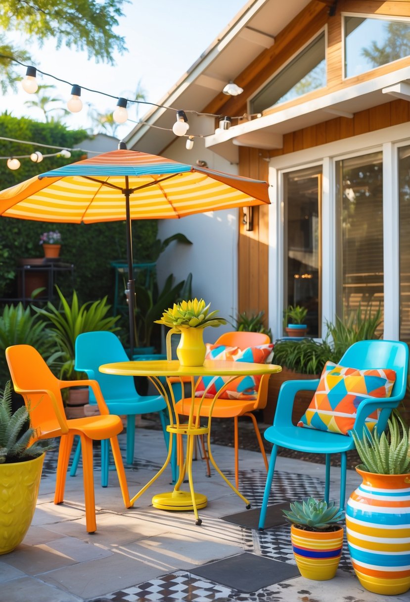 An outdoor patio with colorful chairs, a table, potted plants, and string lights under natural sunlight.