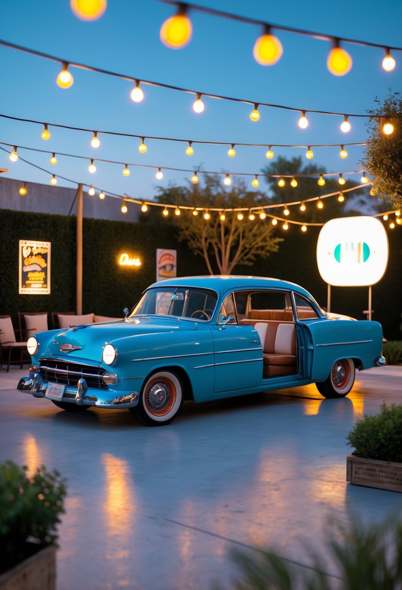 A vintage car converted into seating for 10 people on an outdoor patio with string lights and retro decor.