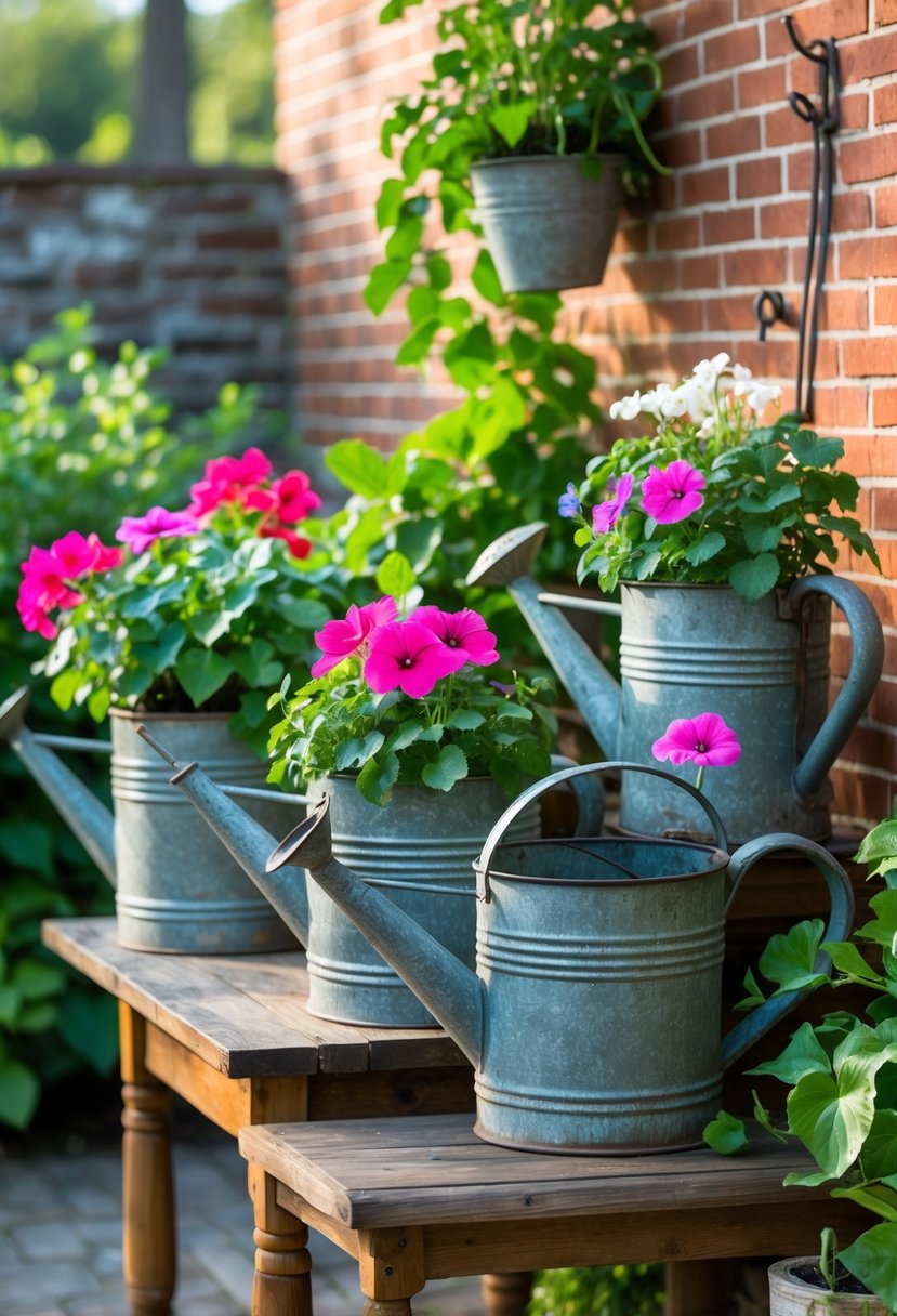 Outdoor patio with vintage watering cans filled with green plants and colorful flowers arranged on a wooden table and hanging hooks.