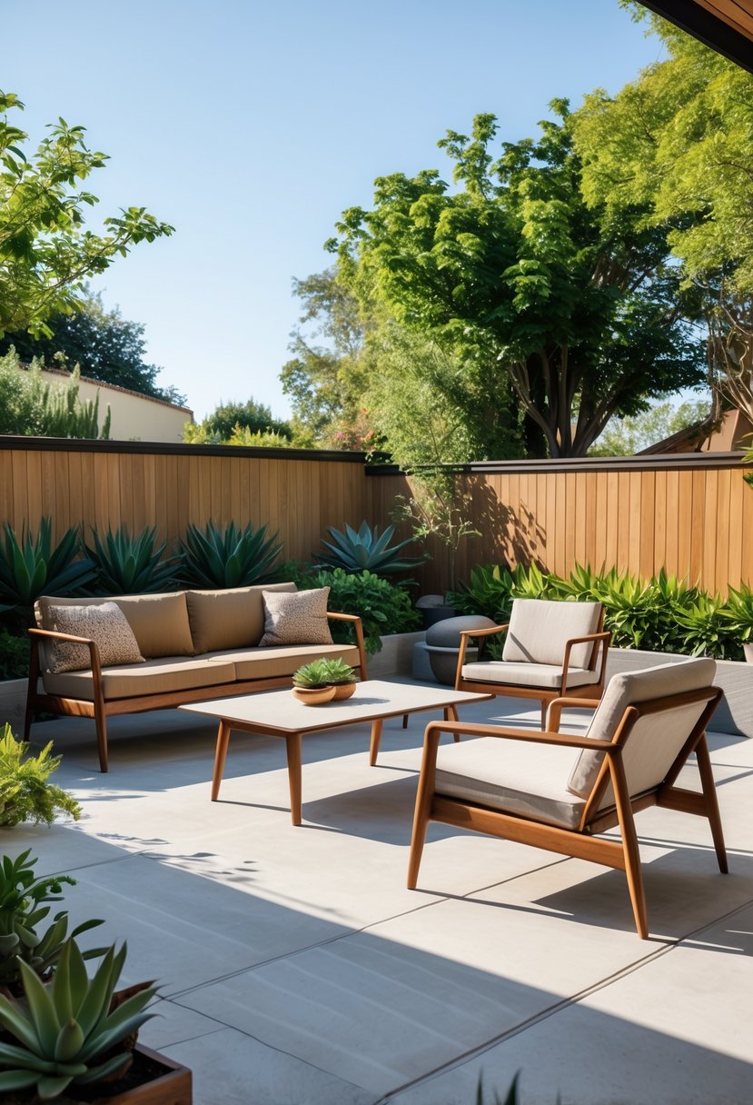 Outdoor patio with wooden furniture, cushions, a coffee table, plants, and a clear sky.