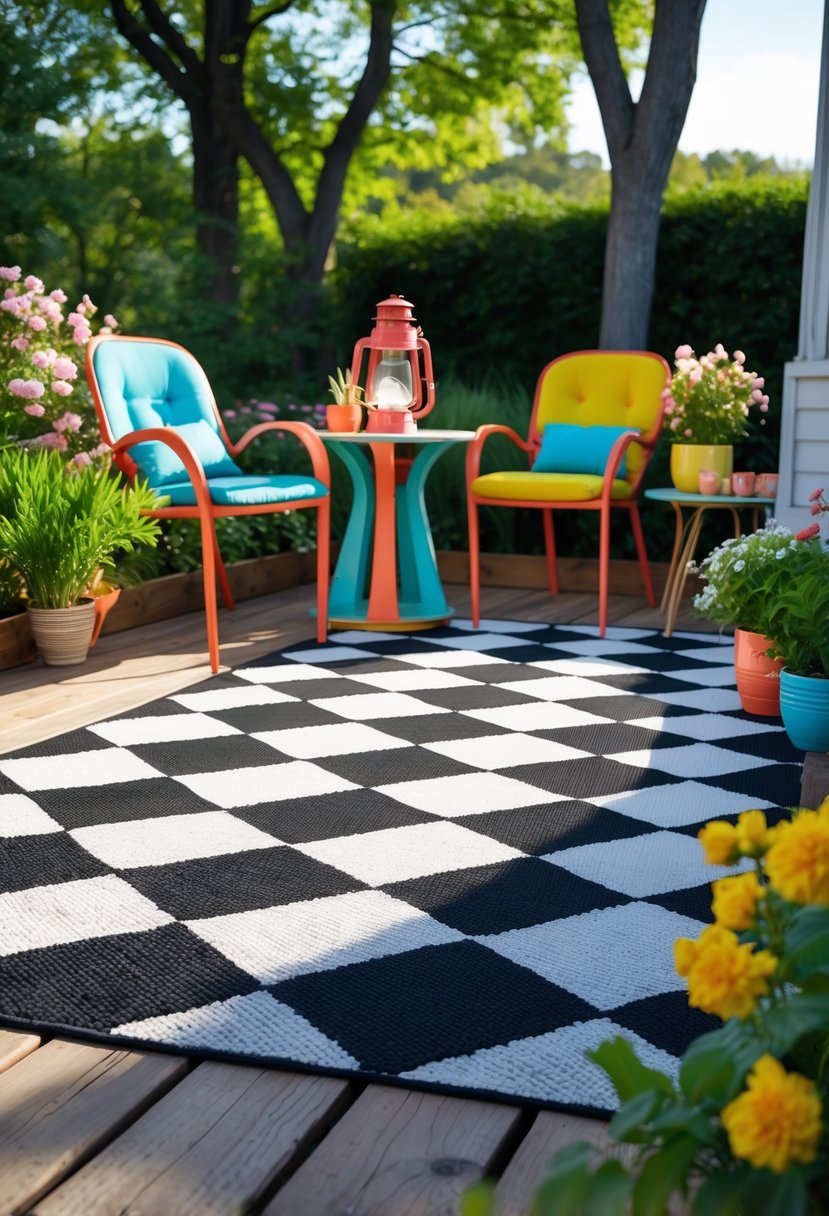 Outdoor patio with a black and white checkerboard rug, colorful chairs, a small table, and surrounding plants.