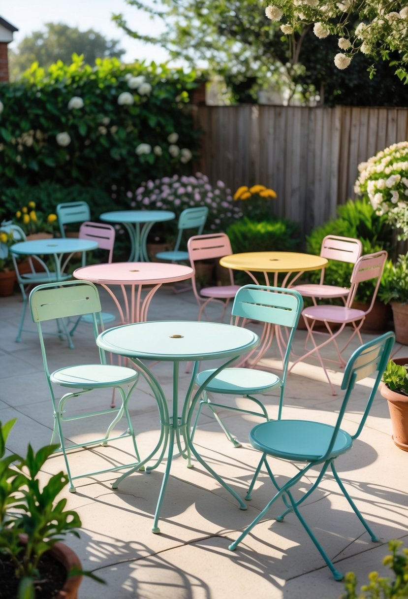 Outdoor patio with pastel-colored metal bistro tables and chairs surrounded by plants and greenery.