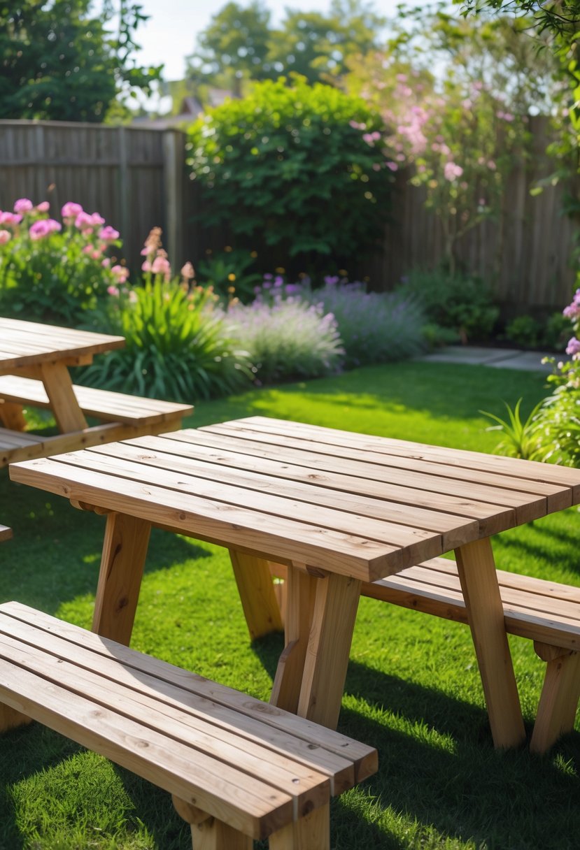 Outdoor patio with wooden picnic benches and table surrounded by green grass and flowering plants.