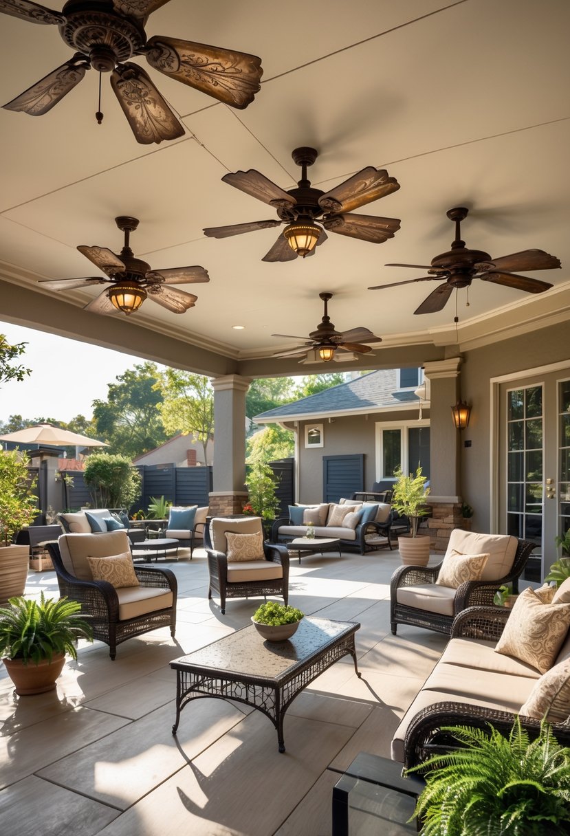 An outdoor patio with ten metal ceiling fans mounted overhead, surrounded by seating and plants under clear skies.