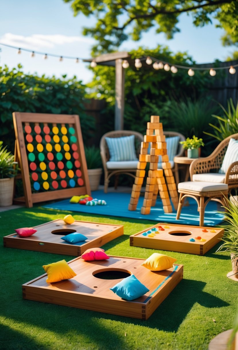 Outdoor patio with classic lawn games including cornhole, ring toss, and giant Jenga, surrounded by greenery and vintage outdoor furniture.