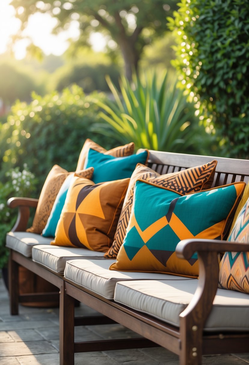 Outdoor patio with a wooden bench and chairs adorned with colorful patterned cushions surrounded by greenery.