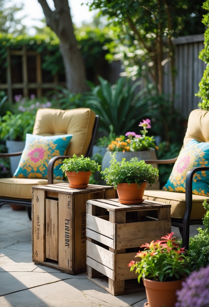 Outdoor patio with salvaged wooden crates used as side tables next to cushioned chairs and surrounded by plants.
