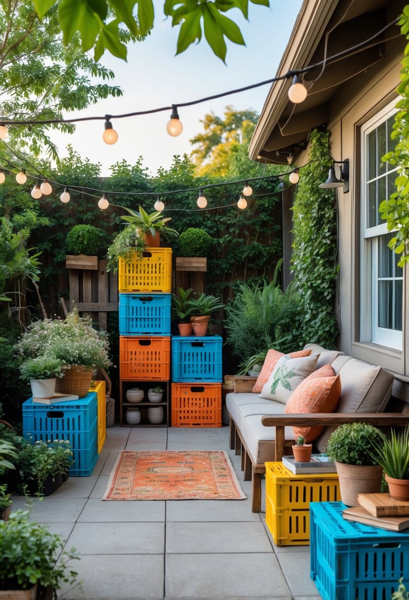 Outdoor patio with vintage wooden soda crates used as storage and seating, surrounded by plants and rustic furniture.