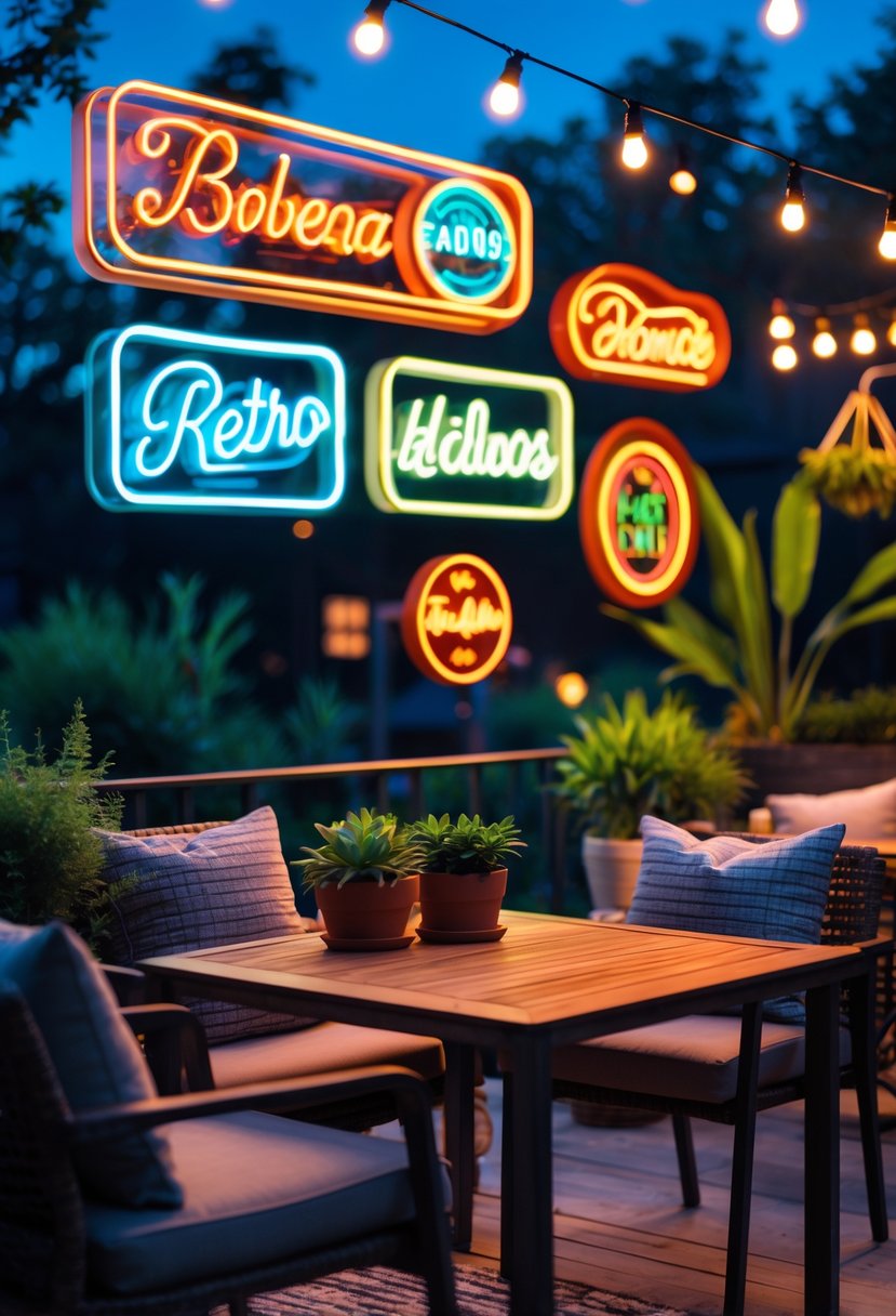 An outdoor patio with colorful glowing neon signs, comfortable seating, plants, and string lights creating a warm and inviting atmosphere at dusk.