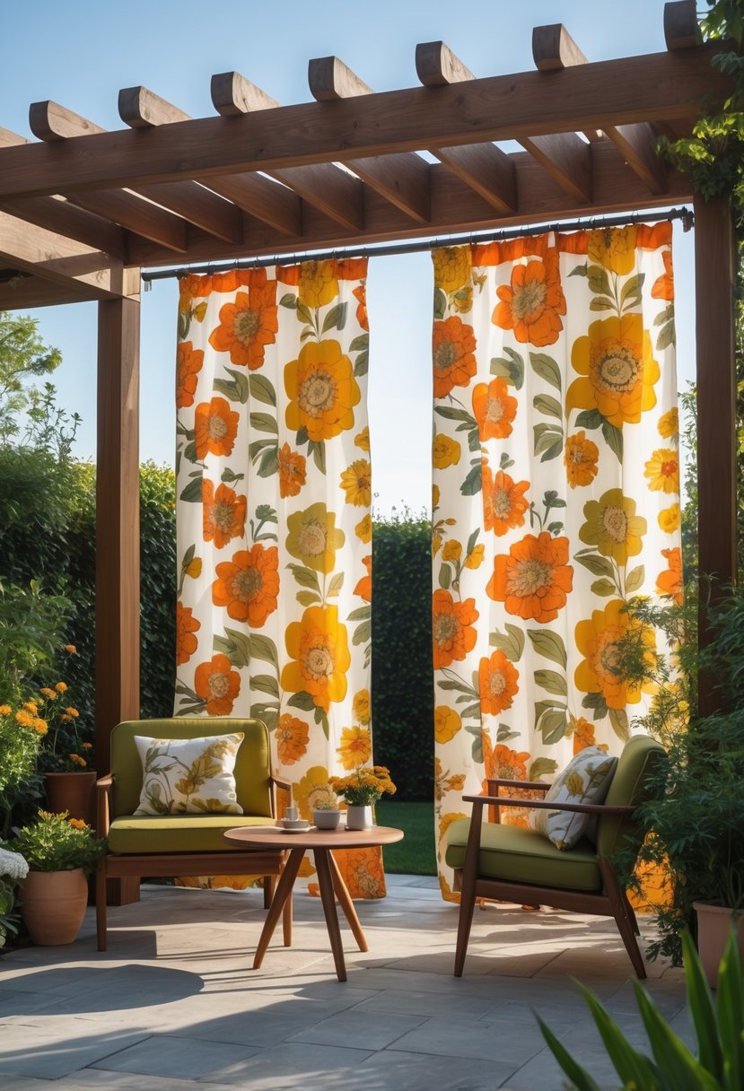 An outdoor patio with floral patterned curtains hanging from a wooden pergola, surrounded by plants and outdoor furniture.